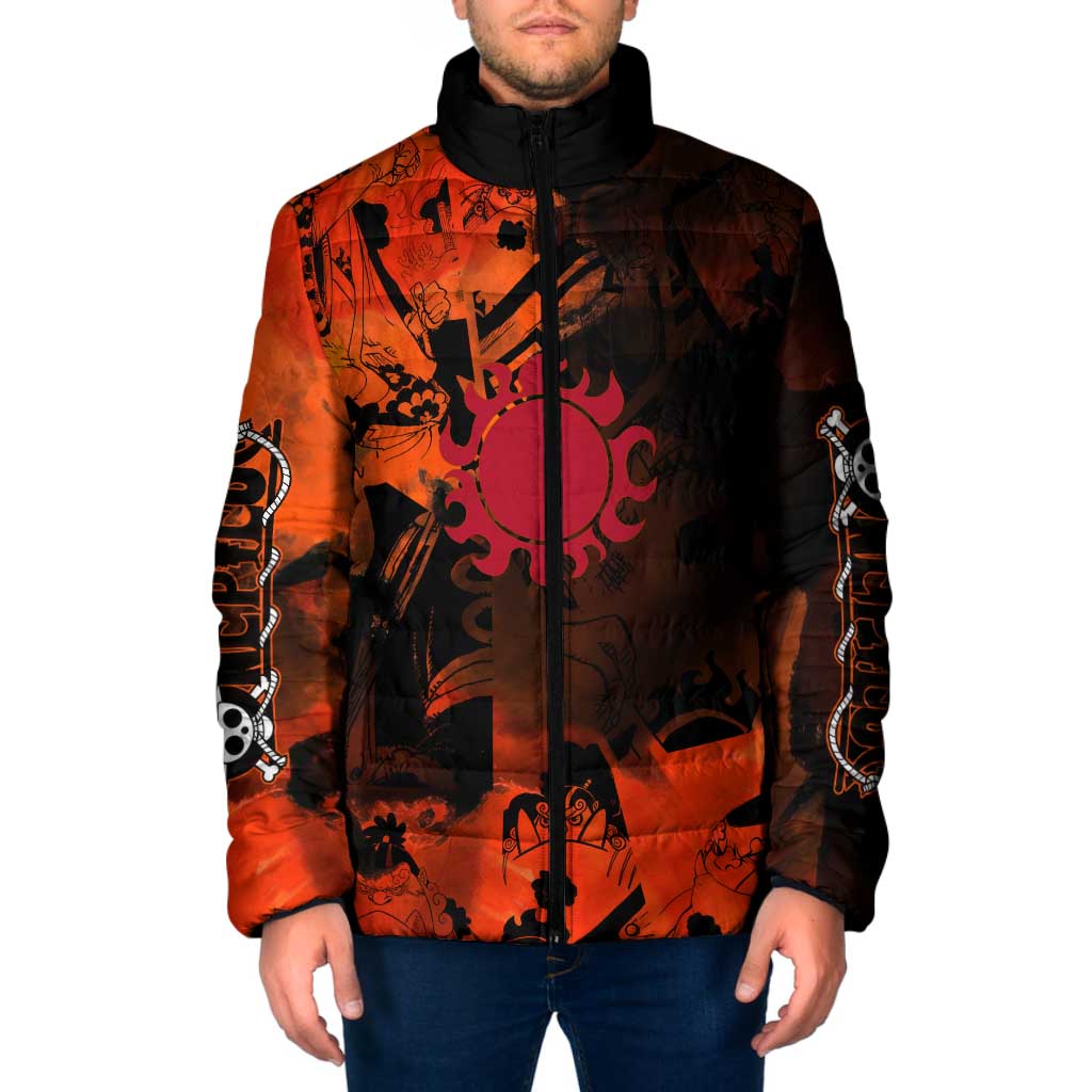 Jinbe One Piece Red and Black Theme Padded Jacket with Sun Pirates Emblem and Karate Pose Design - The Mazicc