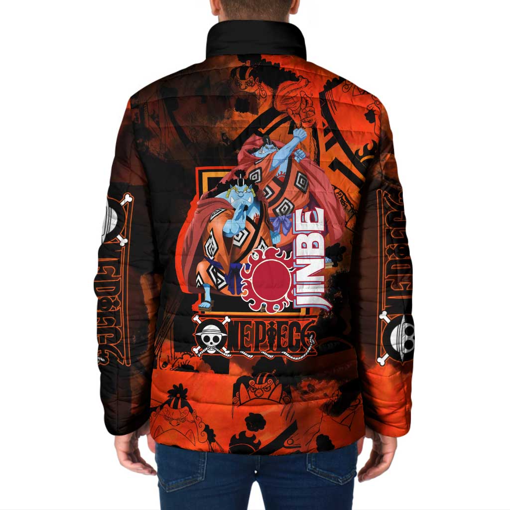 Jinbe One Piece Red and Black Theme Padded Jacket with Sun Pirates Emblem and Karate Pose Design - The Mazicc