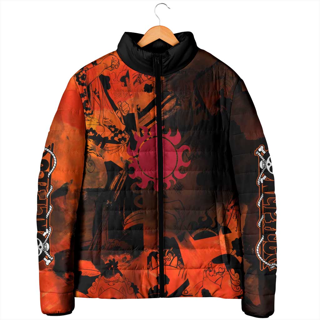 Jinbe One Piece Red and Black Theme Padded Jacket with Sun Pirates Emblem and Karate Pose Design - The Mazicc