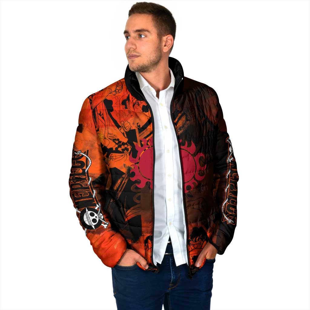 Jinbe One Piece Red and Black Theme Padded Jacket with Sun Pirates Emblem and Karate Pose Design - The Mazicc
