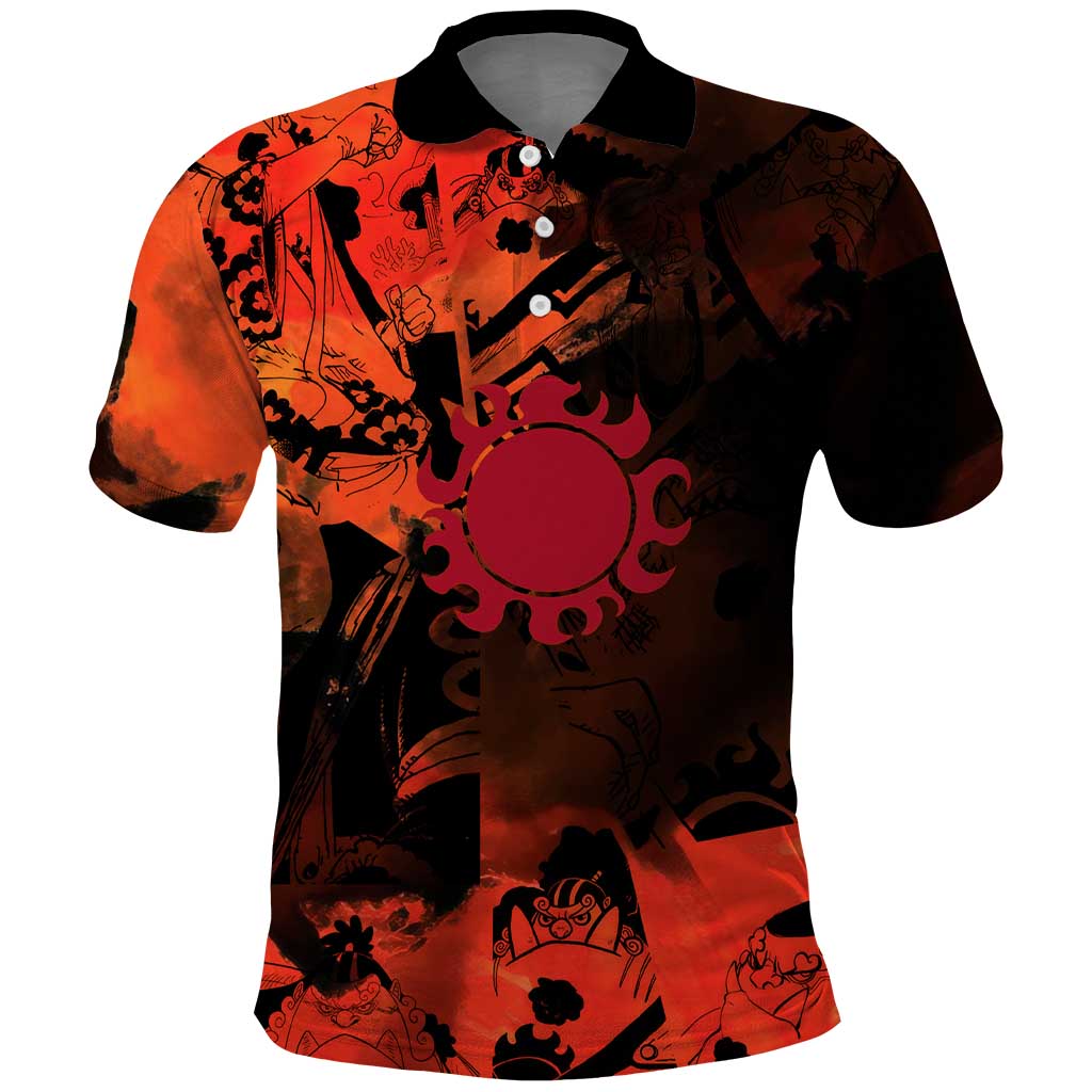 Jinbe One Piece Red and Black Theme Polo Shirt with Sun Pirates Emblem and Karate Pose Design - The Mazicc