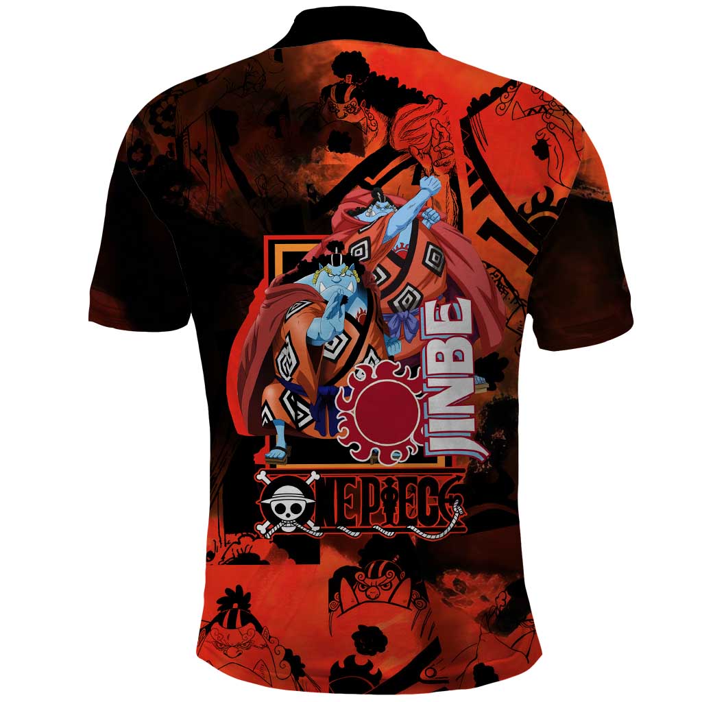 Jinbe One Piece Red and Black Theme Polo Shirt with Sun Pirates Emblem and Karate Pose Design - The Mazicc