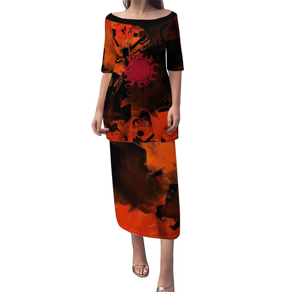 Jinbe One Piece Red and Black Theme Puletasi with Sun Pirates Emblem and Karate Pose Design - The Mazicc