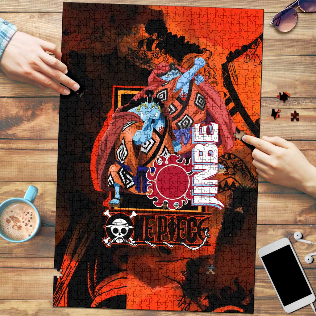 Jinbe One Piece Red and Black Theme Puzzle with Sun Pirates Emblem and Karate Pose Design - The Mazicc