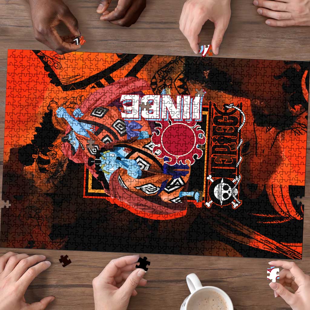 Jinbe One Piece Red and Black Theme Puzzle with Sun Pirates Emblem and Karate Pose Design - The Mazicc
