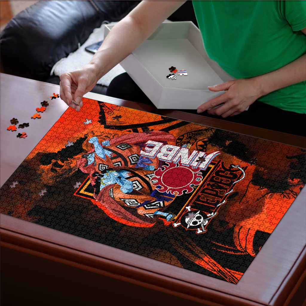 Jinbe One Piece Red and Black Theme Puzzle with Sun Pirates Emblem and Karate Pose Design - The Mazicc