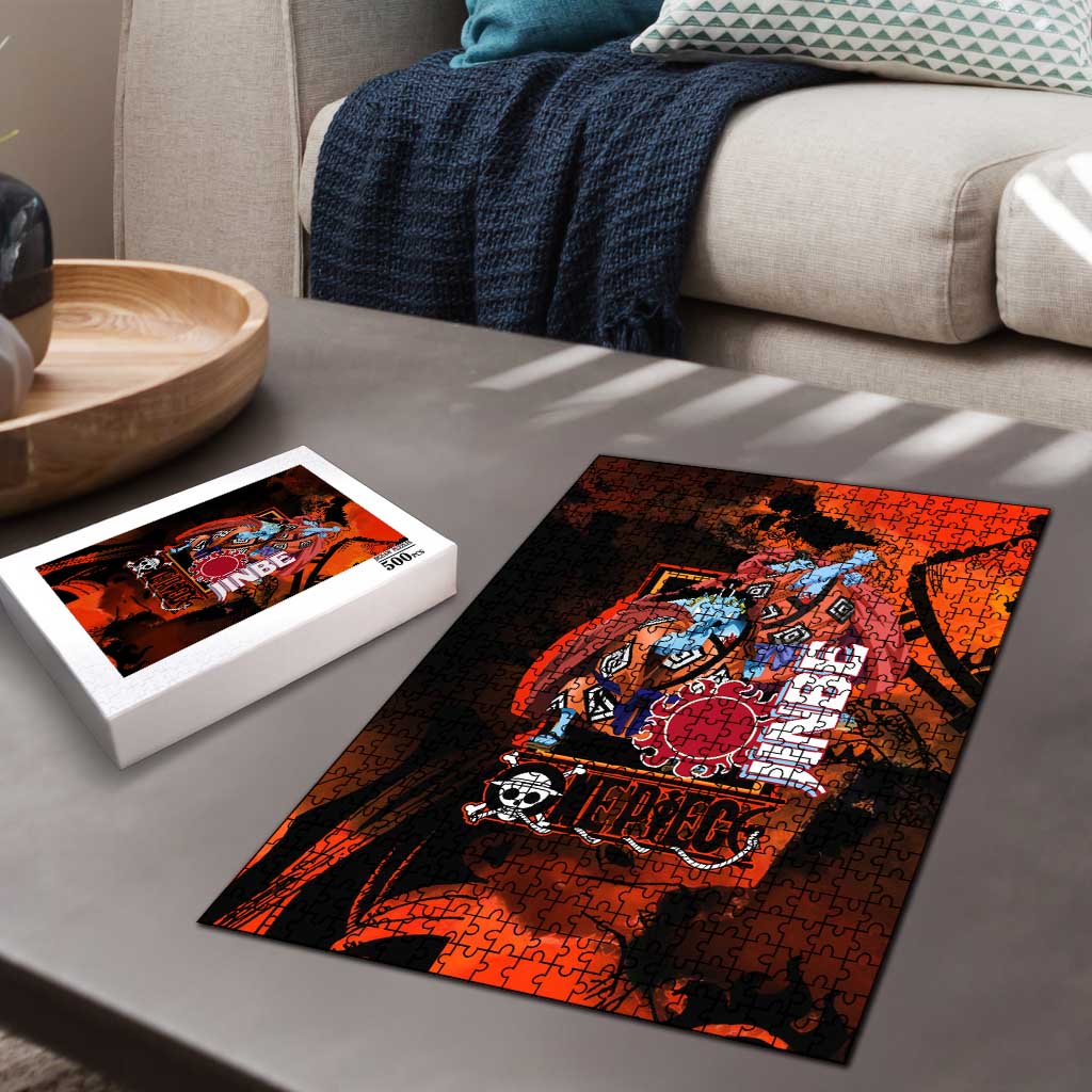 Jinbe One Piece Red and Black Theme Puzzle with Sun Pirates Emblem and Karate Pose Design - The Mazicc
