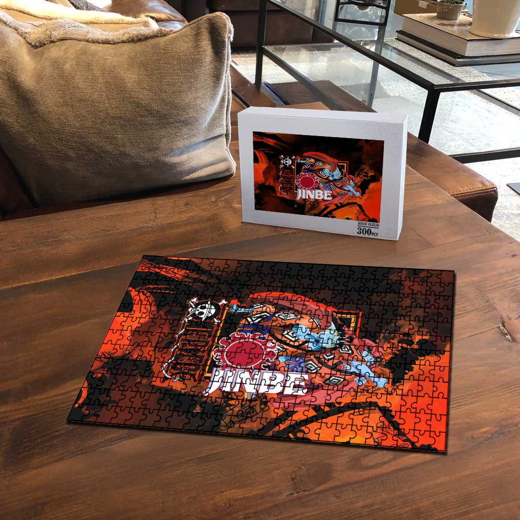 Jinbe One Piece Red and Black Theme Puzzle with Sun Pirates Emblem and Karate Pose Design - The Mazicc