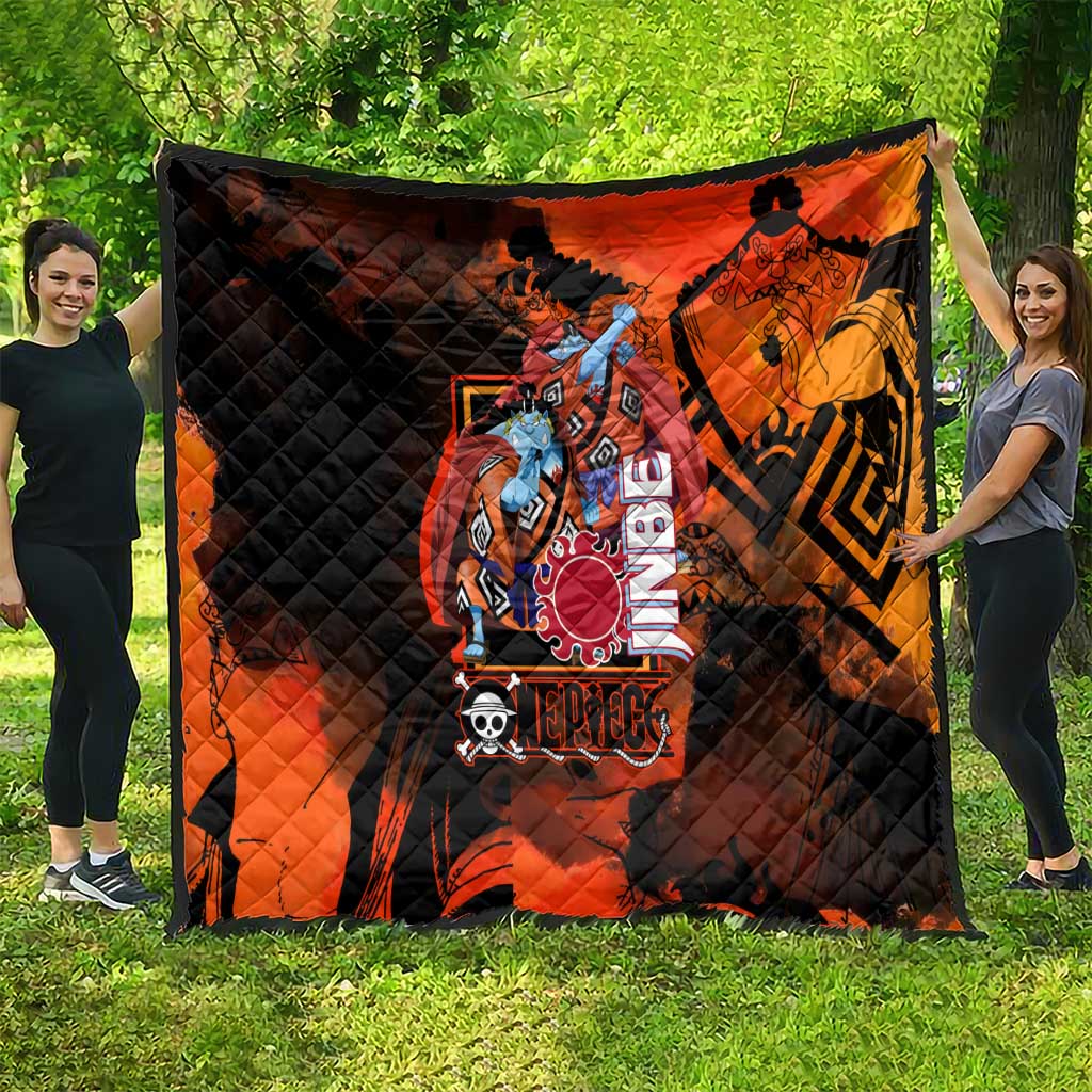 Jinbe One Piece Red and Black Theme Quilt with Sun Pirates Emblem and Karate Pose Design - The Mazicc