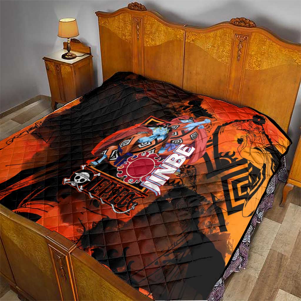 Jinbe One Piece Red and Black Theme Quilt with Sun Pirates Emblem and Karate Pose Design - The Mazicc
