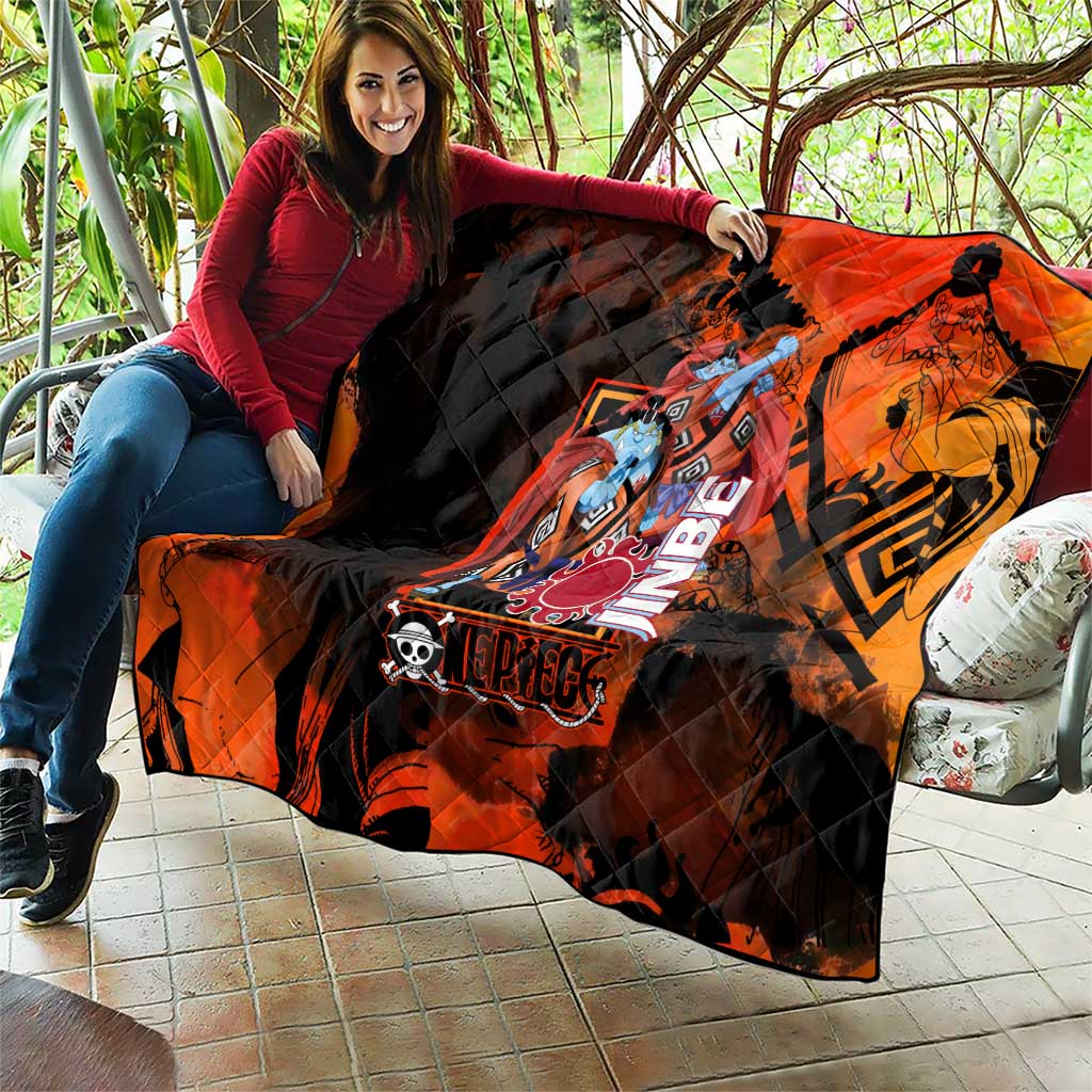 Jinbe One Piece Red and Black Theme Quilt with Sun Pirates Emblem and Karate Pose Design - The Mazicc