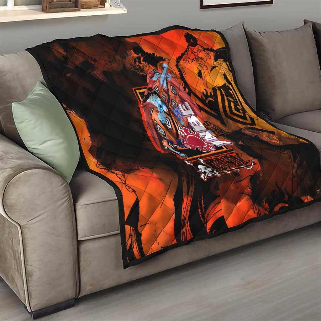 Jinbe One Piece Red and Black Theme Quilt with Sun Pirates Emblem and Karate Pose Design - The Mazicc