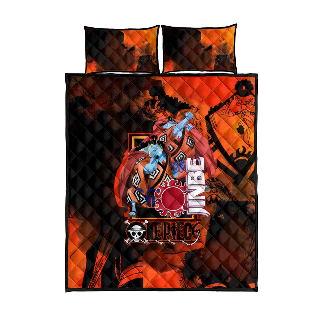 Jinbe One Piece Red and Black Theme Quilt Bed Set with Sun Pirates Emblem and Karate Pose Design - The Mazicc