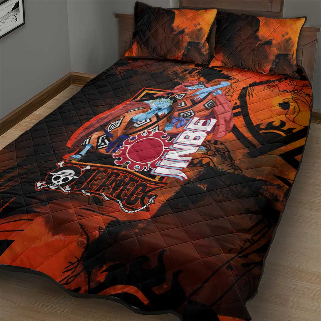 Jinbe One Piece Red and Black Theme Quilt Bed Set with Sun Pirates Emblem and Karate Pose Design - The Mazicc