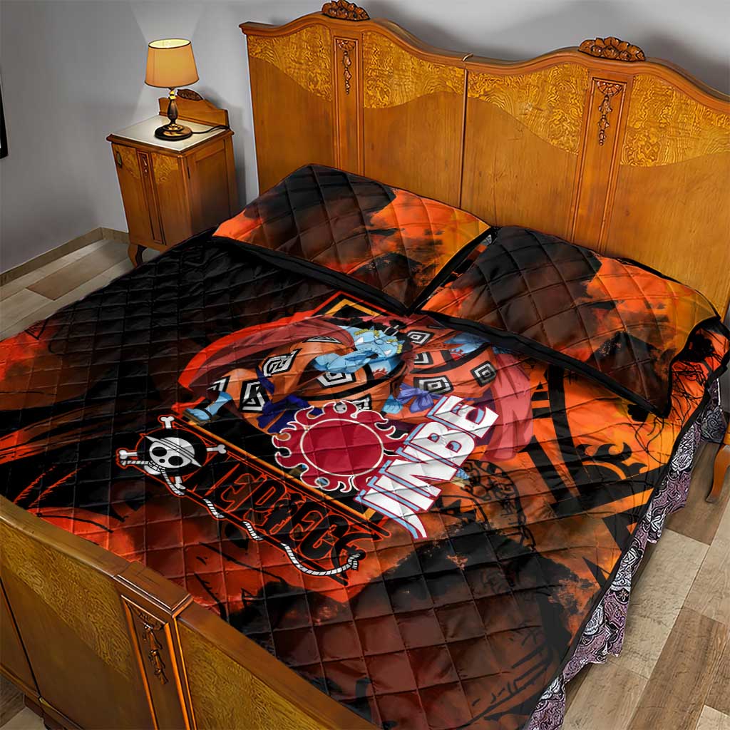 Jinbe One Piece Red and Black Theme Quilt Bed Set with Sun Pirates Emblem and Karate Pose Design - The Mazicc