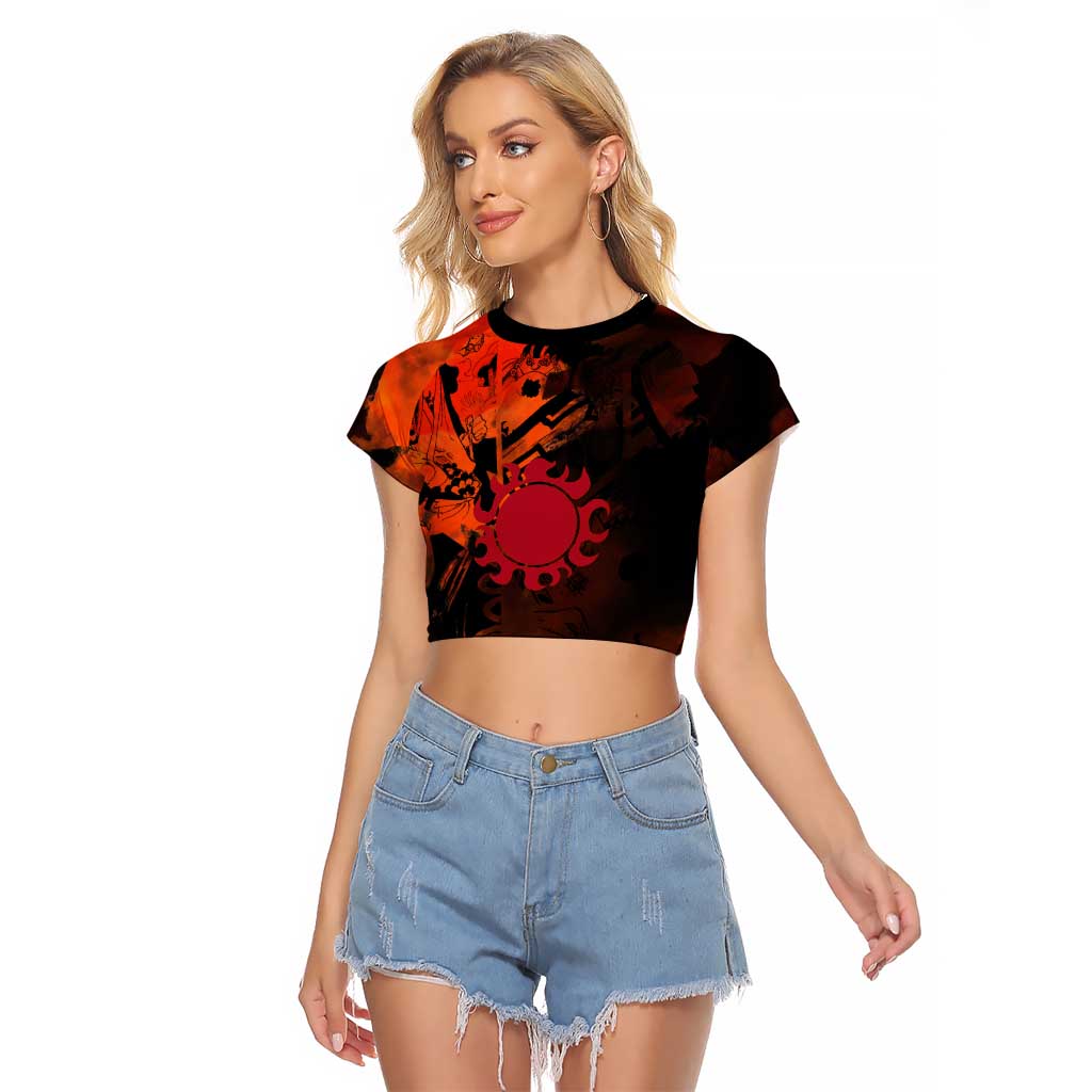 Jinbe One Piece Red and Black Theme Raglan Cropped T Shirt with Sun Pirates Emblem and Karate Pose Design - The Mazicc