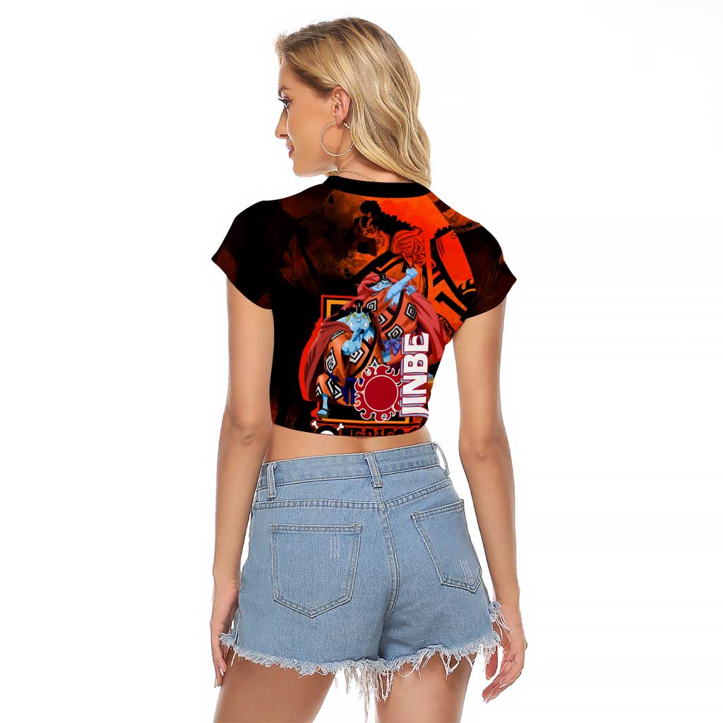 Jinbe One Piece Red and Black Theme Raglan Cropped T Shirt with Sun Pirates Emblem and Karate Pose Design - The Mazicc