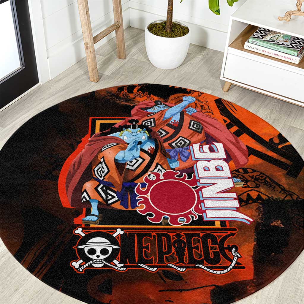 Jinbe One Piece Red and Black Theme Round Carpet with Sun Pirates Emblem and Karate Pose Design - The Mazicc
