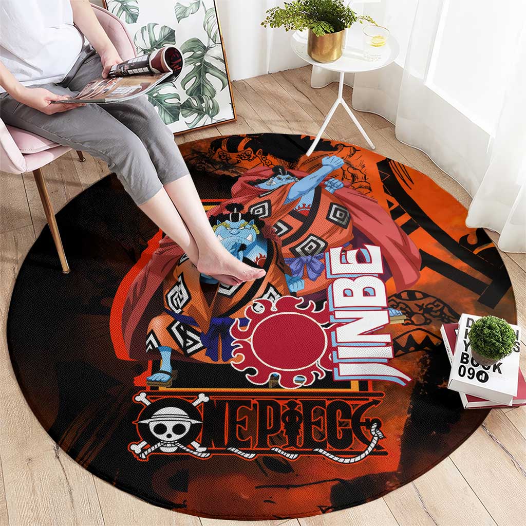 Jinbe One Piece Red and Black Theme Round Carpet with Sun Pirates Emblem and Karate Pose Design - The Mazicc