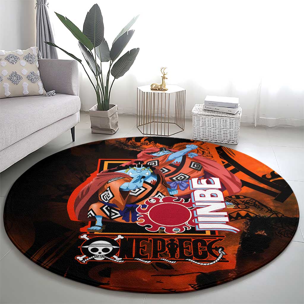 Jinbe One Piece Red and Black Theme Round Carpet with Sun Pirates Emblem and Karate Pose Design - The Mazicc