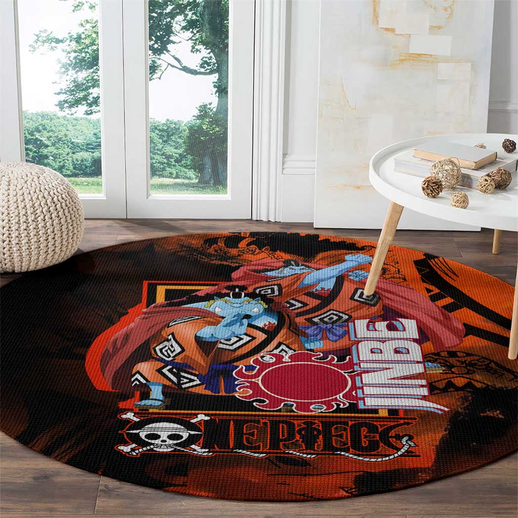 Jinbe One Piece Red and Black Theme Round Carpet with Sun Pirates Emblem and Karate Pose Design - The Mazicc