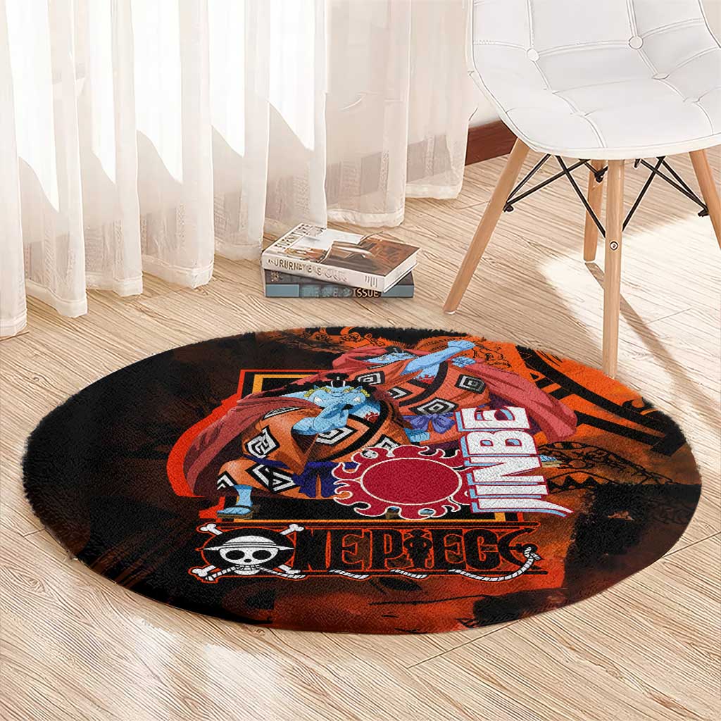 Jinbe One Piece Red and Black Theme Round Carpet with Sun Pirates Emblem and Karate Pose Design - The Mazicc