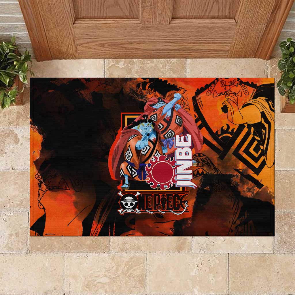 Jinbe One Piece Red and Black Theme Rubber Doormat with Sun Pirates Emblem and Karate Pose Design - The Mazicc