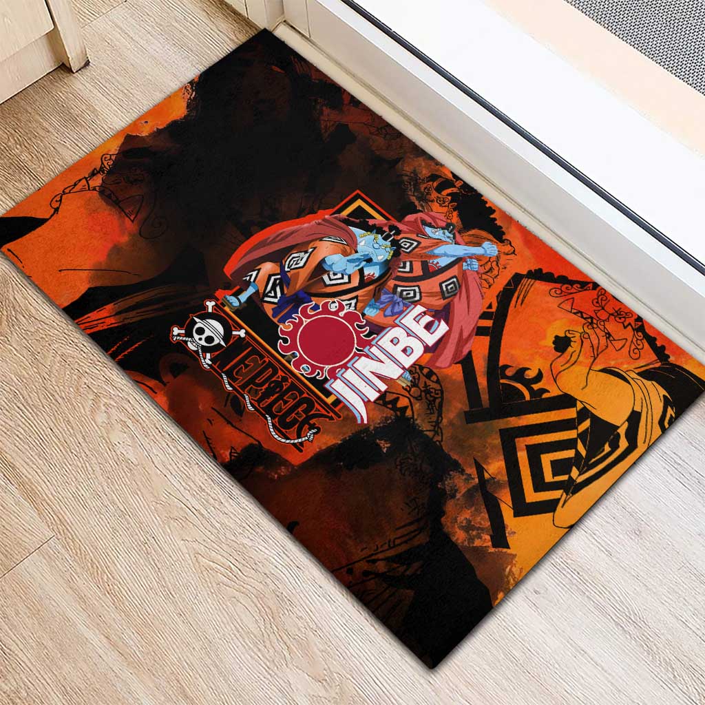 Jinbe One Piece Red and Black Theme Rubber Doormat with Sun Pirates Emblem and Karate Pose Design - The Mazicc