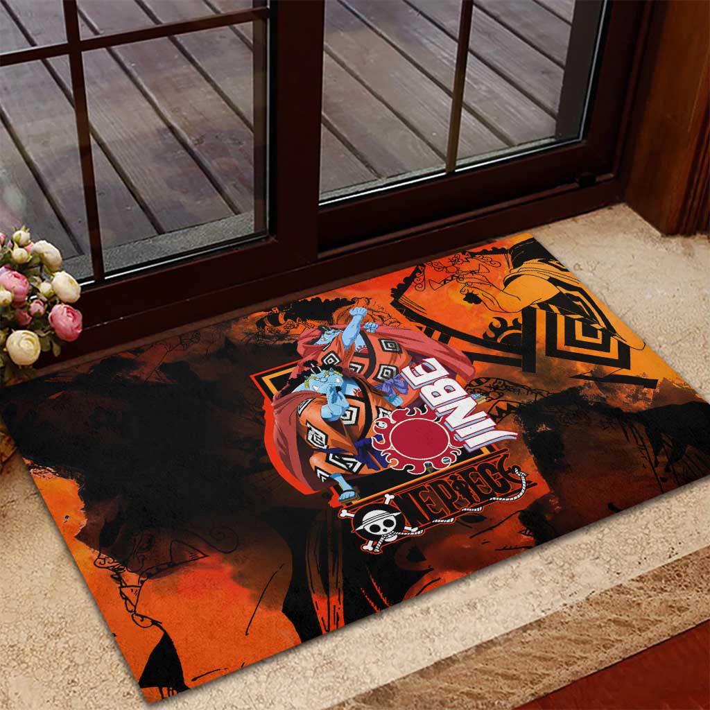 Jinbe One Piece Red and Black Theme Rubber Doormat with Sun Pirates Emblem and Karate Pose Design - The Mazicc