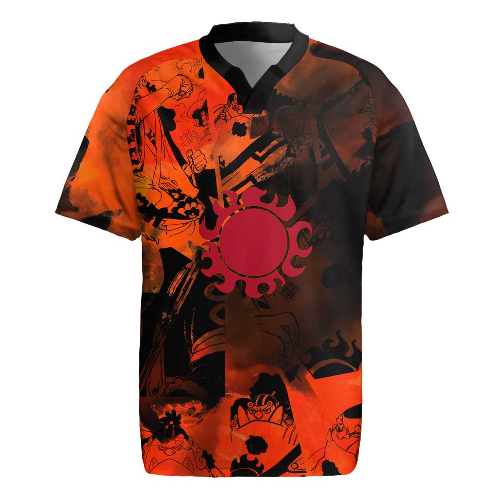 Jinbe One Piece Red and Black Theme Rugby Jersey with Sun Pirates Emblem and Karate Pose Design - The Mazicc