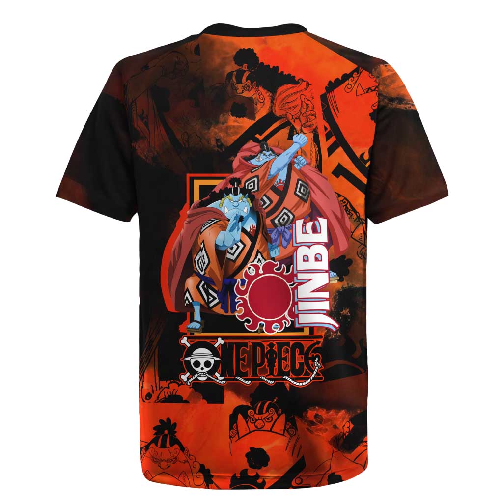 Jinbe One Piece Red and Black Theme Rugby Jersey with Sun Pirates Emblem and Karate Pose Design - The Mazicc
