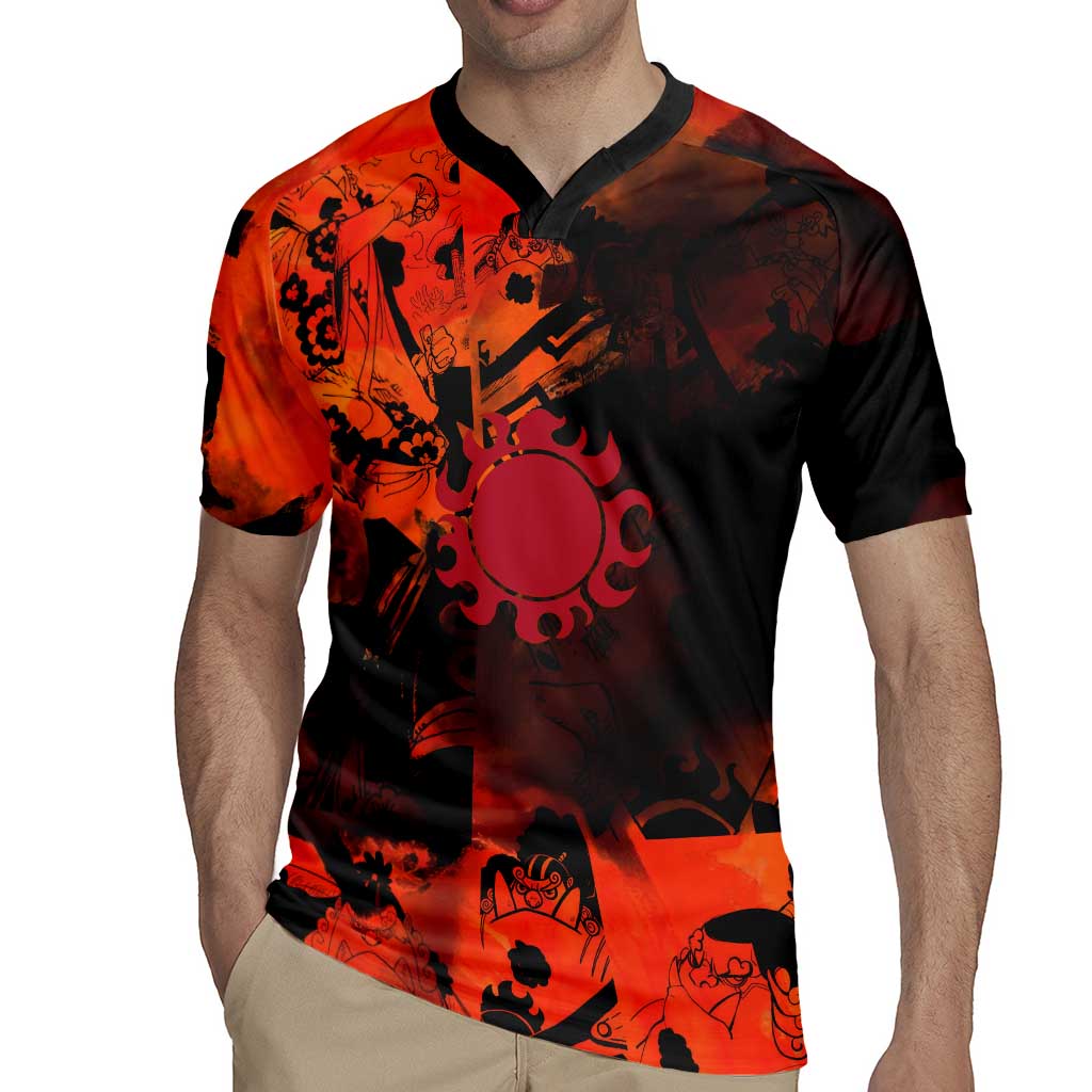 Jinbe One Piece Red and Black Theme Rugby Jersey with Sun Pirates Emblem and Karate Pose Design - The Mazicc