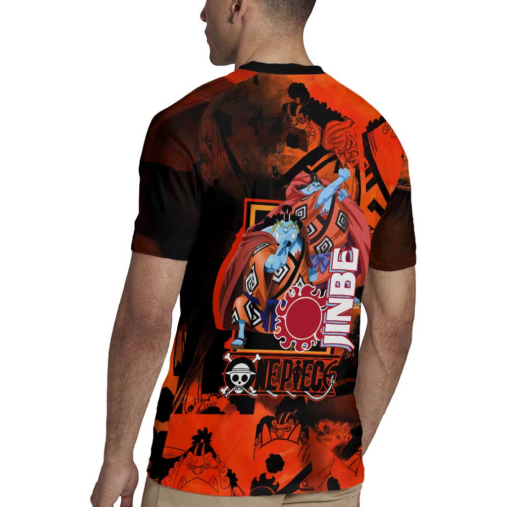 Jinbe One Piece Red and Black Theme Rugby Jersey with Sun Pirates Emblem and Karate Pose Design - The Mazicc