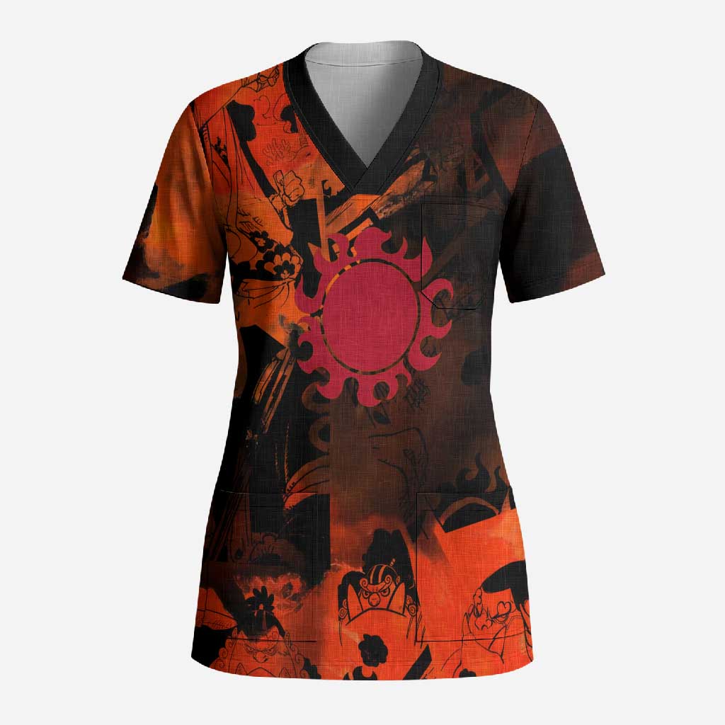 Jinbe One Piece Red and Black Theme Scrub Top with Sun Pirates Emblem and Karate Pose Design - The Mazicc