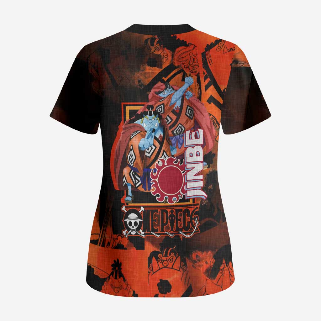 Jinbe One Piece Red and Black Theme Scrub Top with Sun Pirates Emblem and Karate Pose Design - The Mazicc