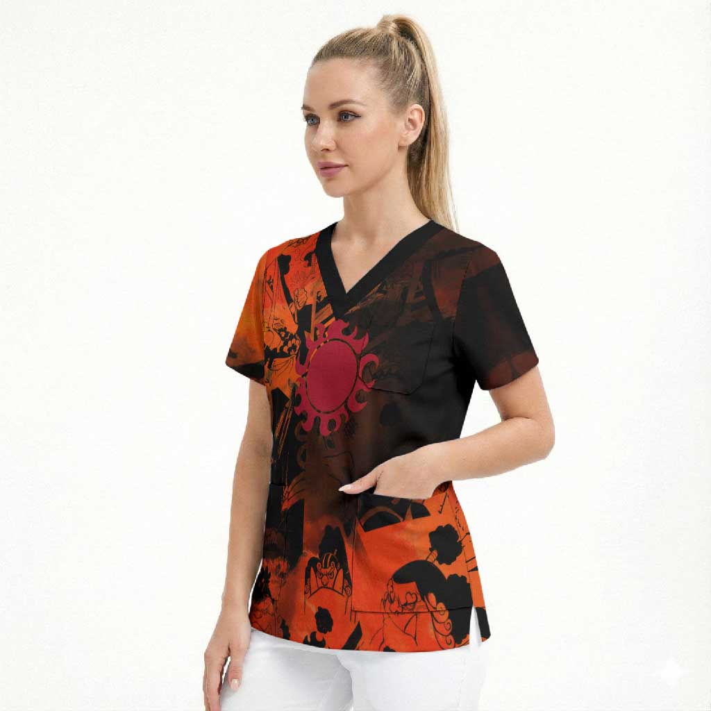 Jinbe One Piece Red and Black Theme Scrub Top with Sun Pirates Emblem and Karate Pose Design - The Mazicc