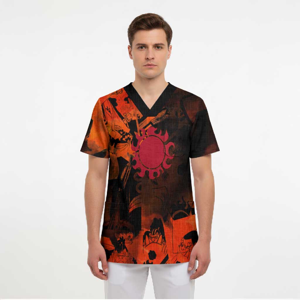 Jinbe One Piece Red and Black Theme Scrub Top with Sun Pirates Emblem and Karate Pose Design - The Mazicc