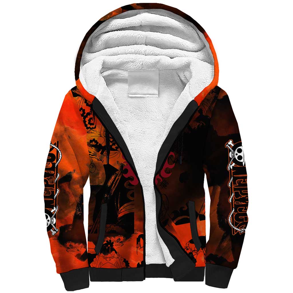 Jinbe One Piece Red and Black Theme Sherpa Hoodie with Sun Pirates Emblem and Karate Pose Design - The Mazicc