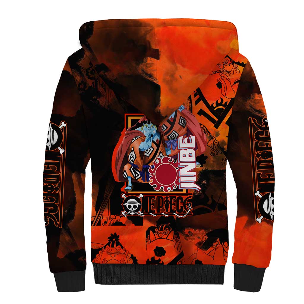 Jinbe One Piece Red and Black Theme Sherpa Hoodie with Sun Pirates Emblem and Karate Pose Design - The Mazicc