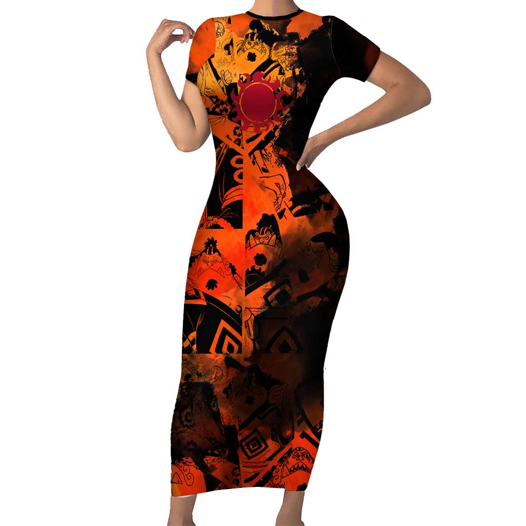 Jinbe One Piece Red and Black Theme Short Sleeve Bodycon Dress with Sun Pirates Emblem and Karate Pose Design - The Mazicc