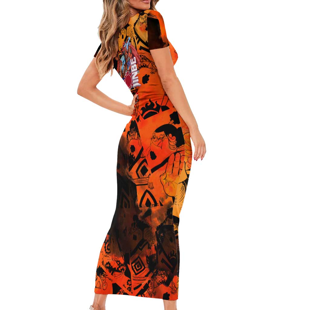 Jinbe One Piece Red and Black Theme Short Sleeve Bodycon Dress with Sun Pirates Emblem and Karate Pose Design - The Mazicc