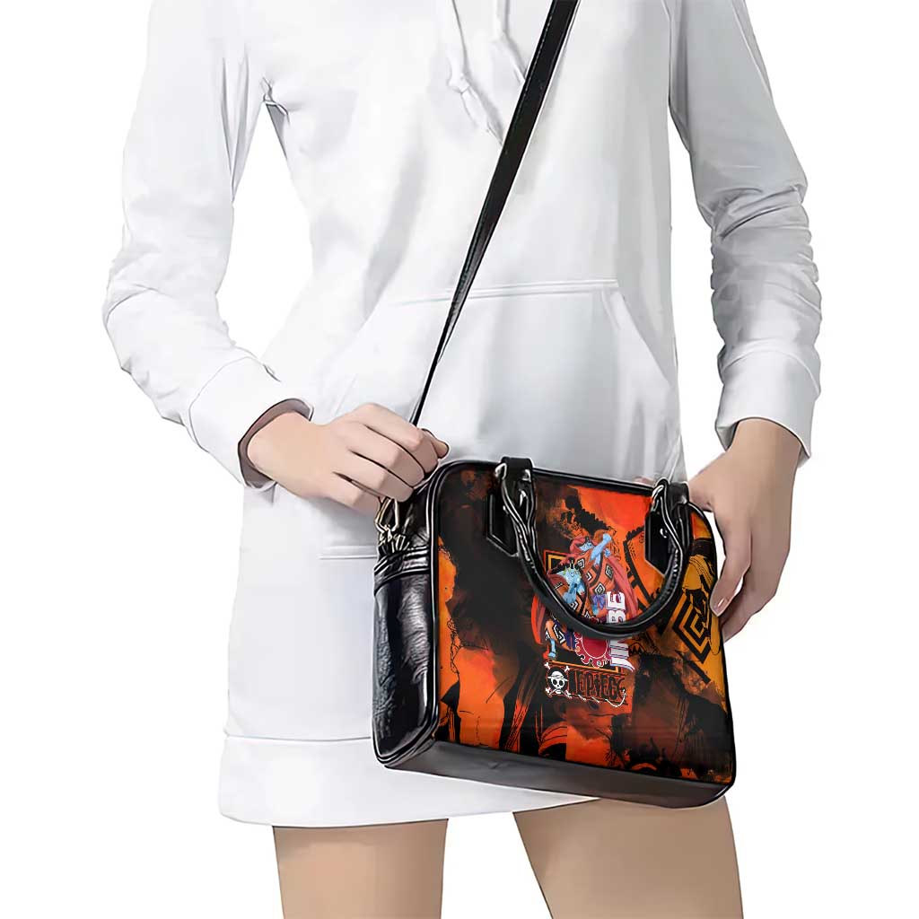 Jinbe One Piece Red and Black Theme Shoulder Handbag with Sun Pirates Emblem and Karate Pose Design - The Mazicc