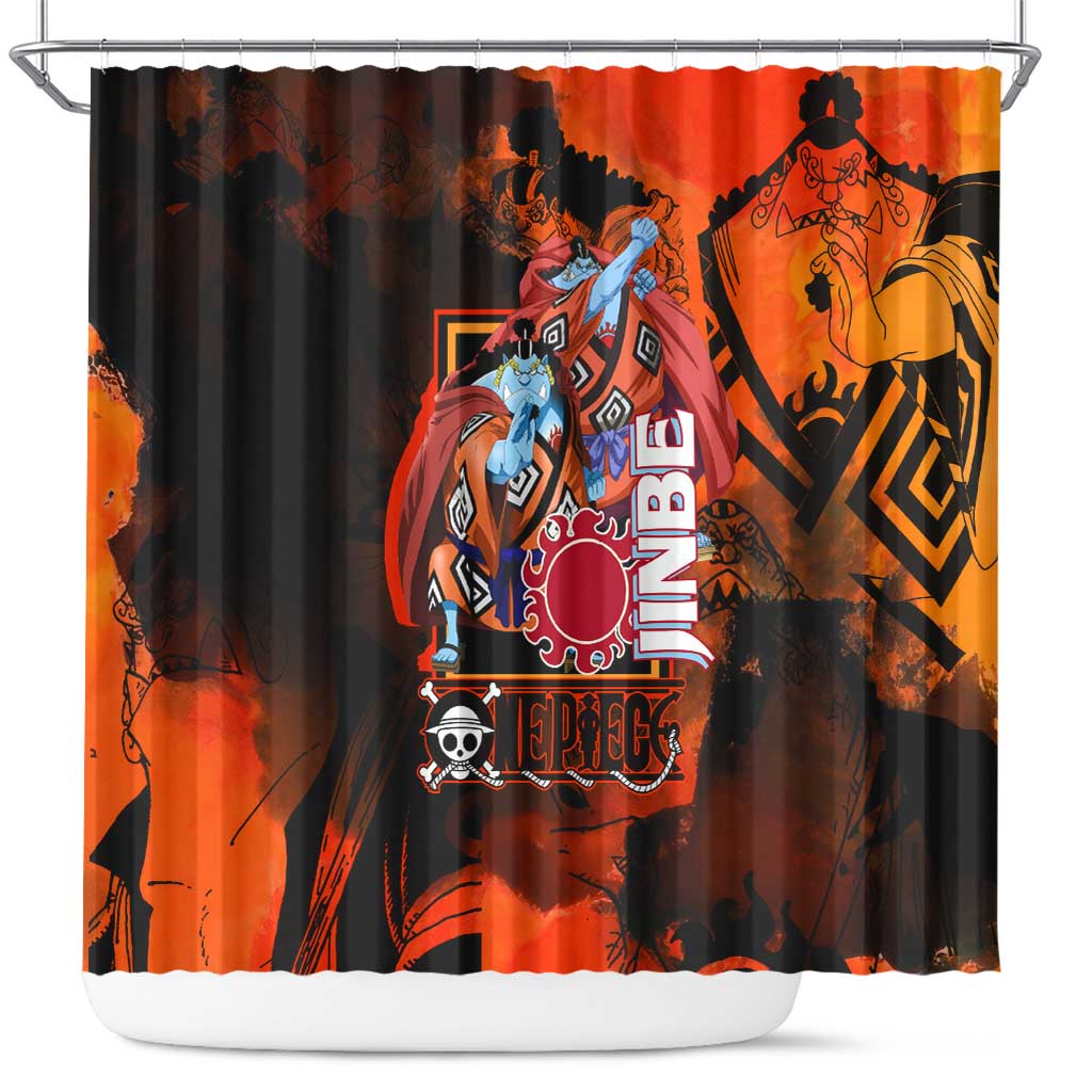 Jinbe One Piece Red and Black Theme Shower Curtain with Sun Pirates Emblem and Karate Pose Design - The Mazicc