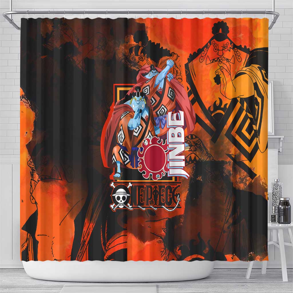 Jinbe One Piece Red and Black Theme Shower Curtain with Sun Pirates Emblem and Karate Pose Design - The Mazicc