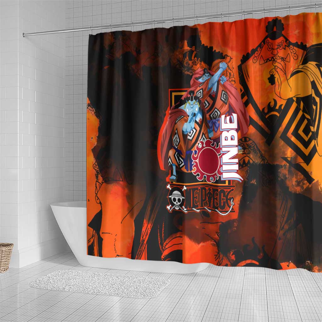 Jinbe One Piece Red and Black Theme Shower Curtain with Sun Pirates Emblem and Karate Pose Design - The Mazicc
