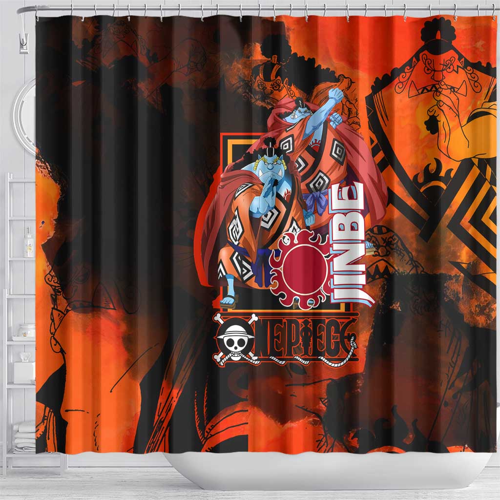 Jinbe One Piece Red and Black Theme Shower Curtain with Sun Pirates Emblem and Karate Pose Design - The Mazicc