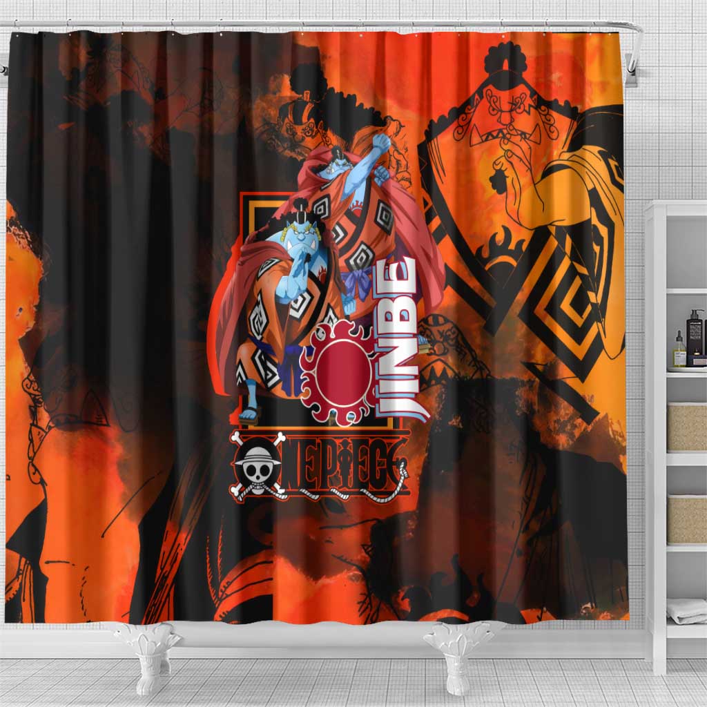 Jinbe One Piece Red and Black Theme Shower Curtain with Sun Pirates Emblem and Karate Pose Design - The Mazicc