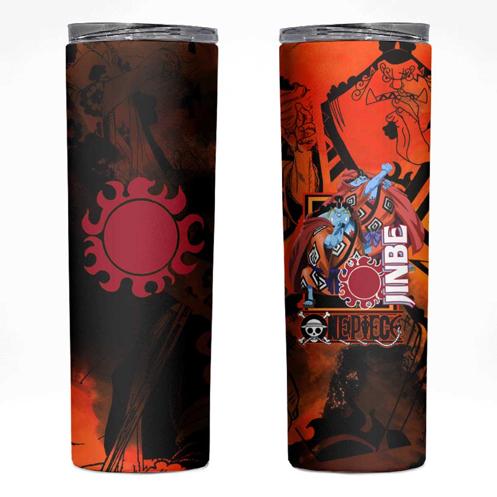 Jinbe One Piece Red and Black Theme Skinny Tumbler with Sun Pirates Emblem and Karate Pose Design - The Mazicc