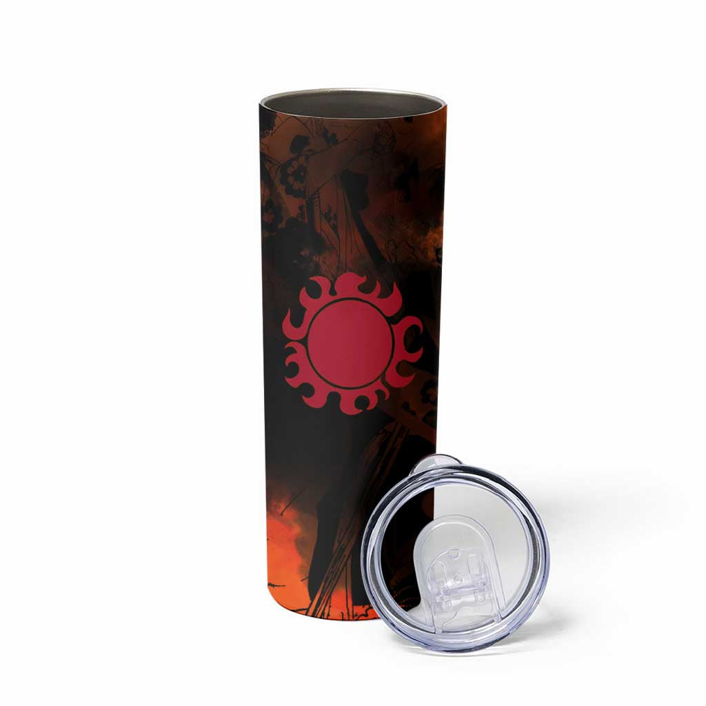 Jinbe One Piece Red and Black Theme Skinny Tumbler with Sun Pirates Emblem and Karate Pose Design - The Mazicc