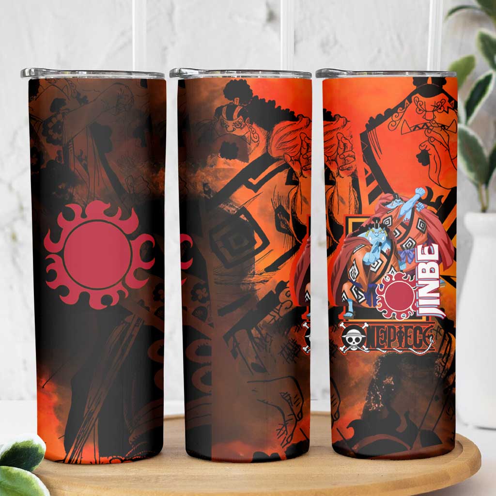 Jinbe One Piece Red and Black Theme Skinny Tumbler with Sun Pirates Emblem and Karate Pose Design - The Mazicc